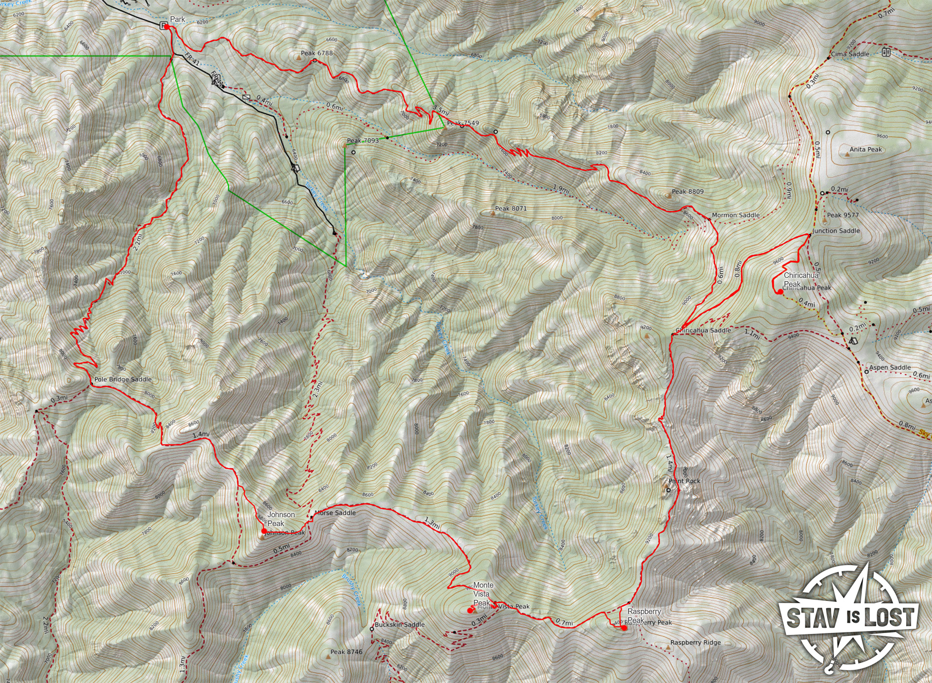 map for Chiricahua Peak via Mormon Ridge and Pole Bridge Loop by Stav is Lost
