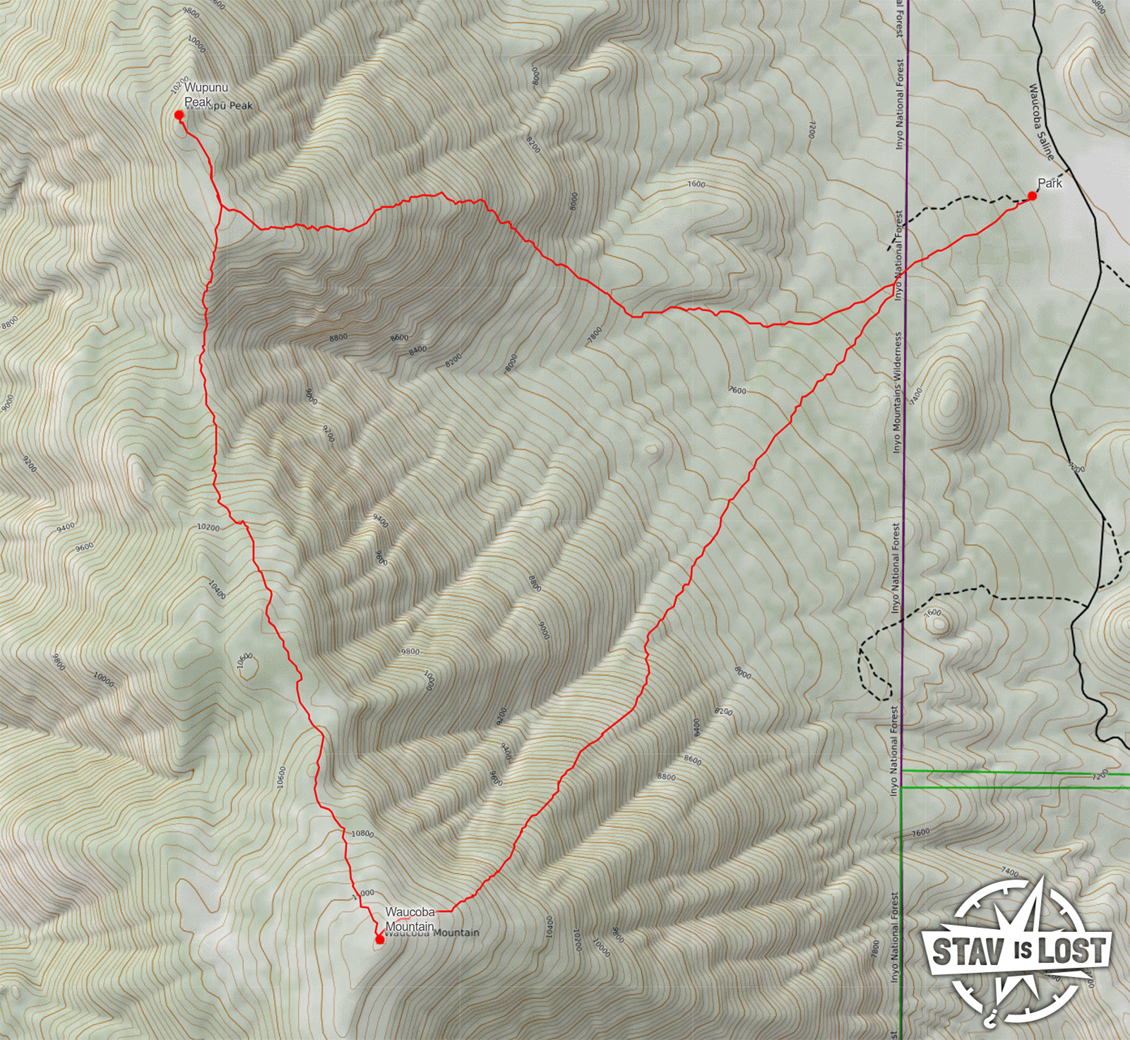 map for Waucoba Mountain and Wunupu Peak by Stav is Lost