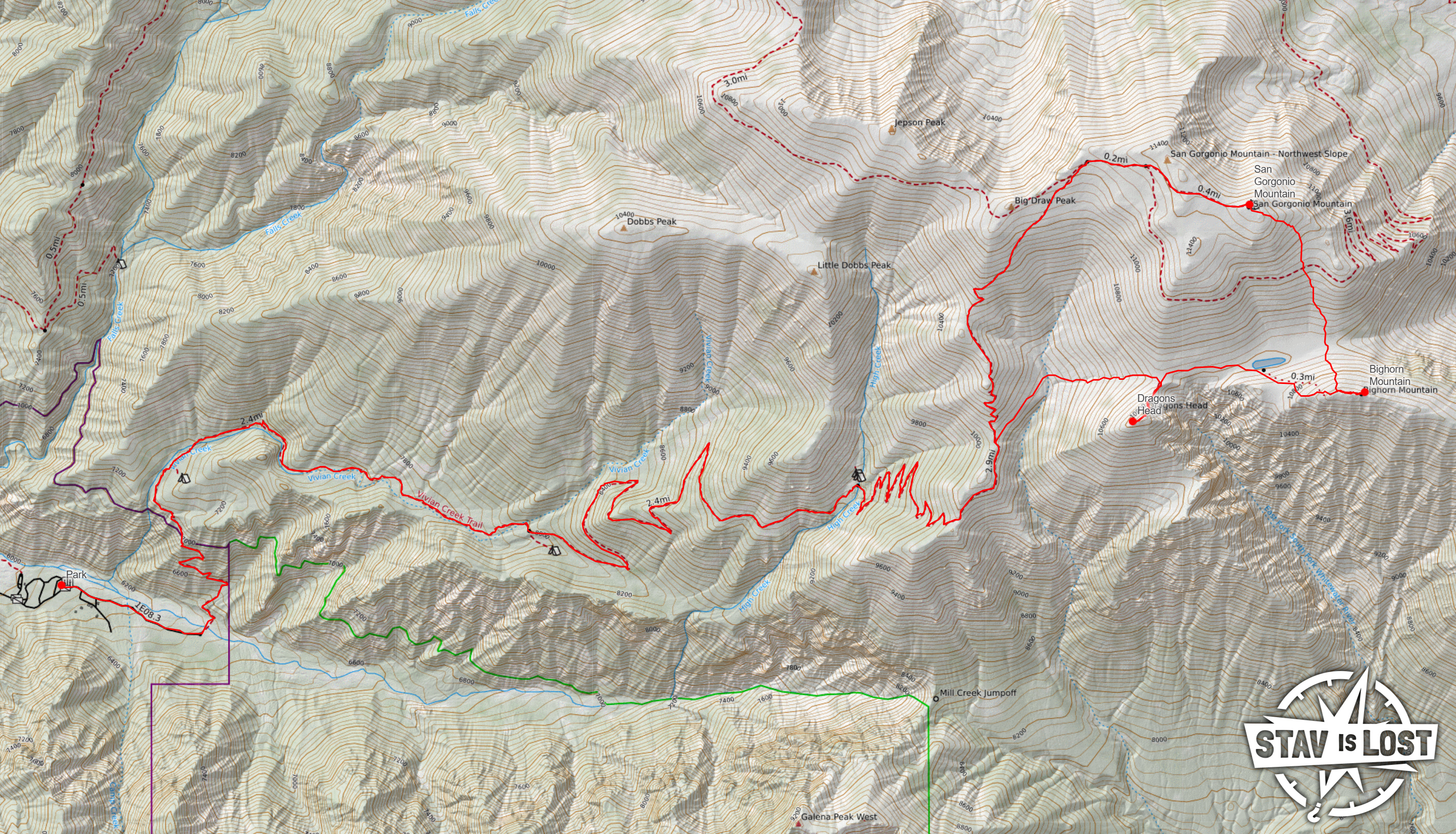 map for San Gorgonio Mountain and Bighorn Mountain via Vivian Creek by Stav is Lost