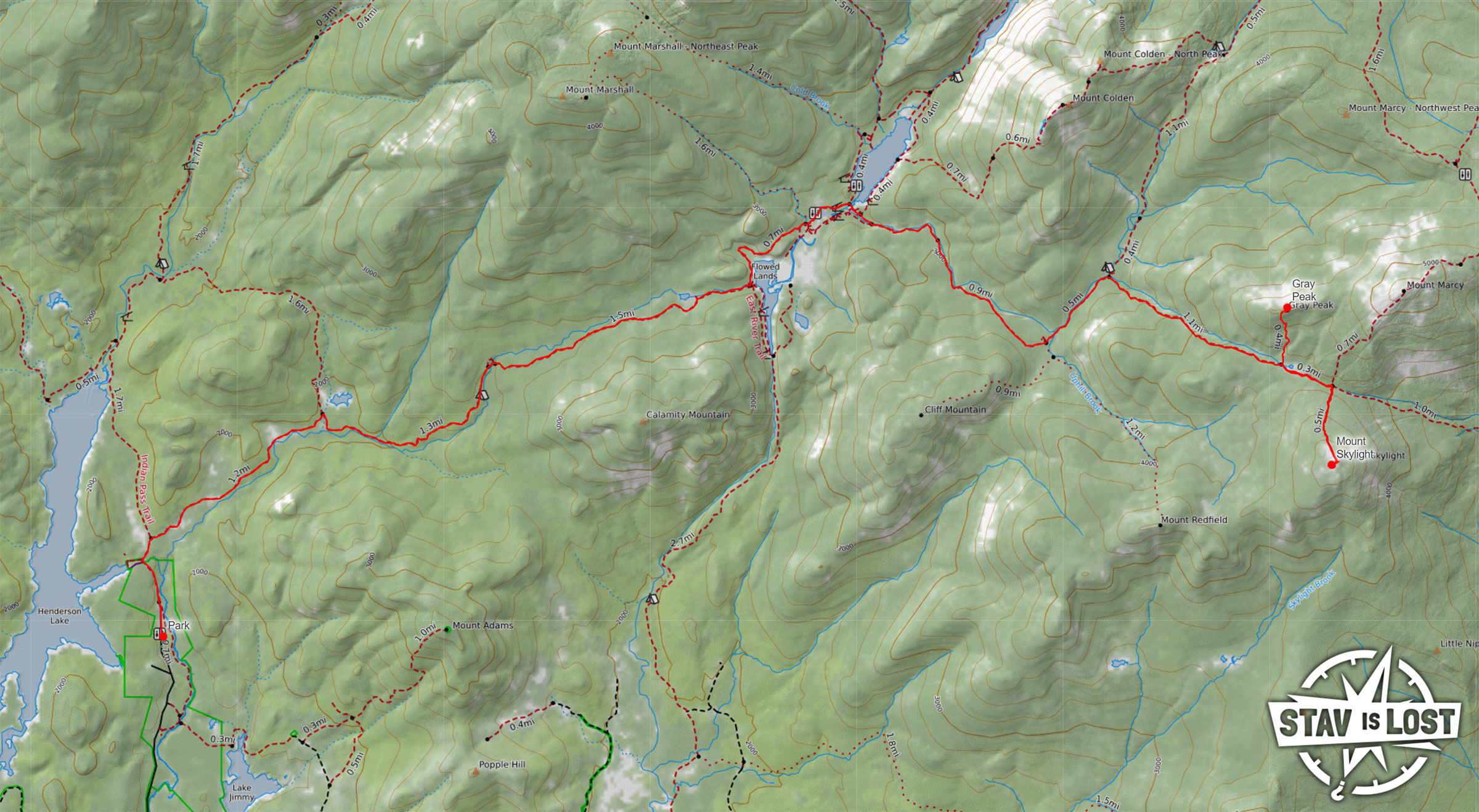map for Mount Skylight and Gray Peak via Calamity Brook by Stav is Lost