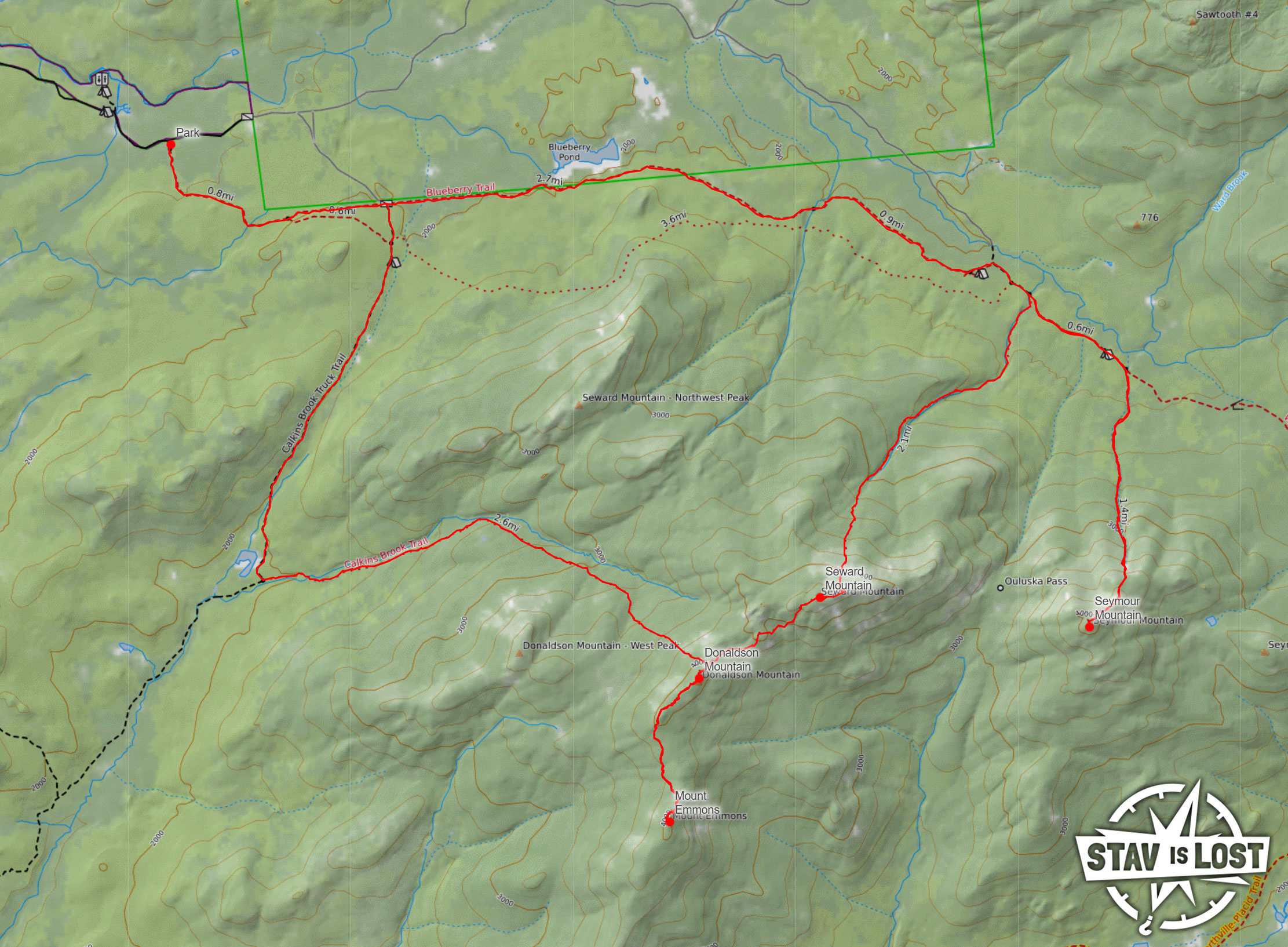 map for Seymour Mountain, Seward Mountain, Donaldson Mountain, Mount Emmons by Stav is Lost