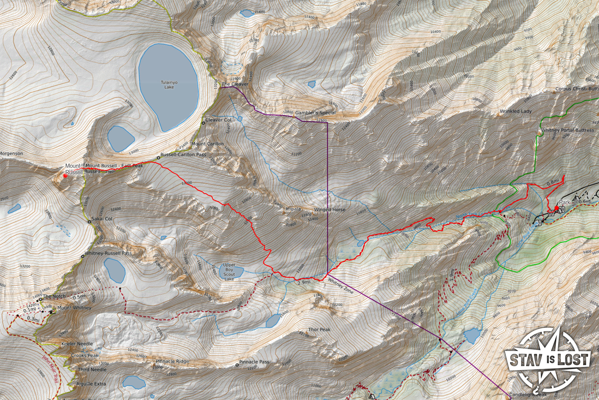 map for Mount Russell via North Fork Lone Pine Creek by Stav is Lost