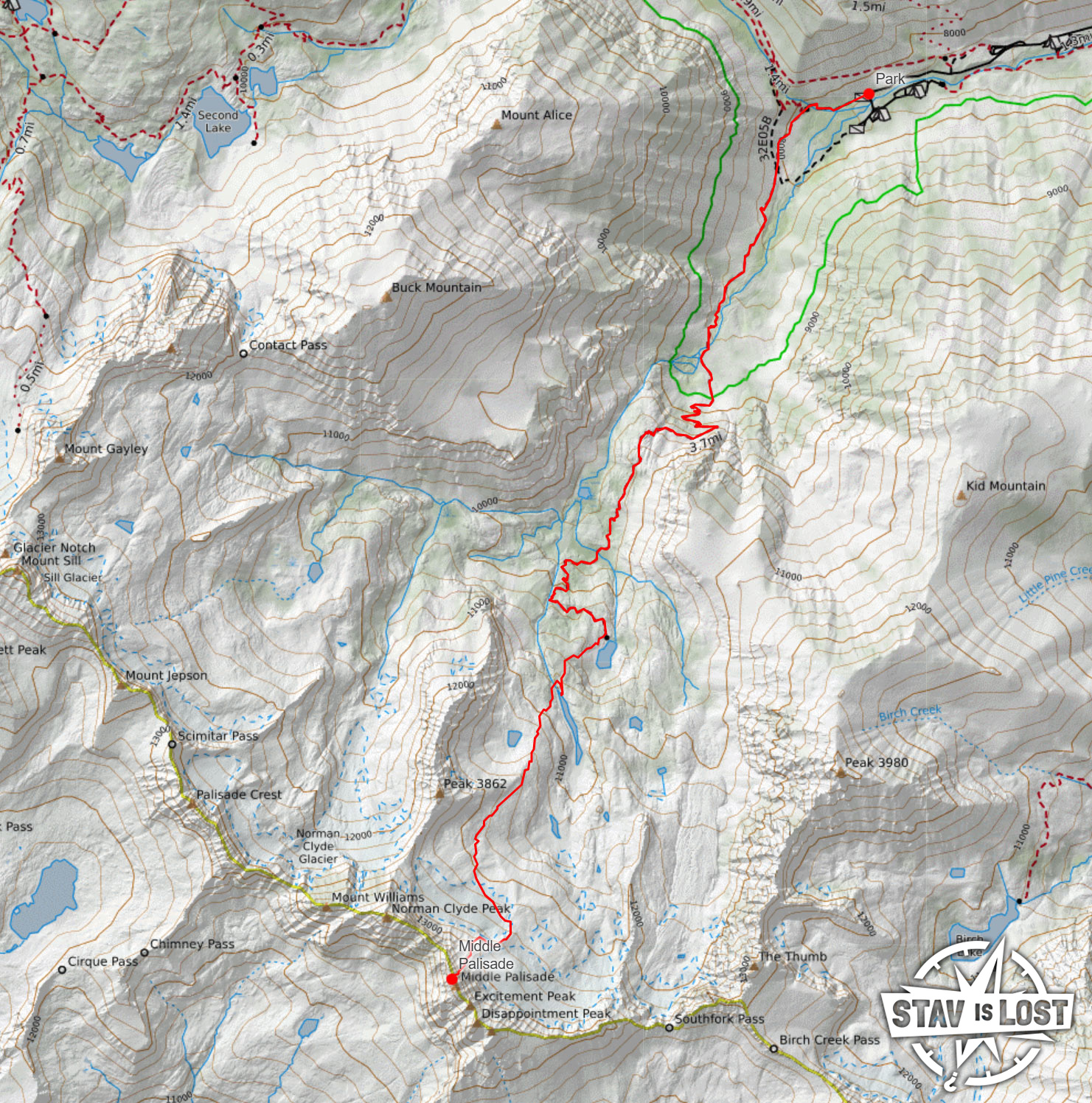map for Middle Palisade via South Fork Big Pine Creek by Stav is Lost