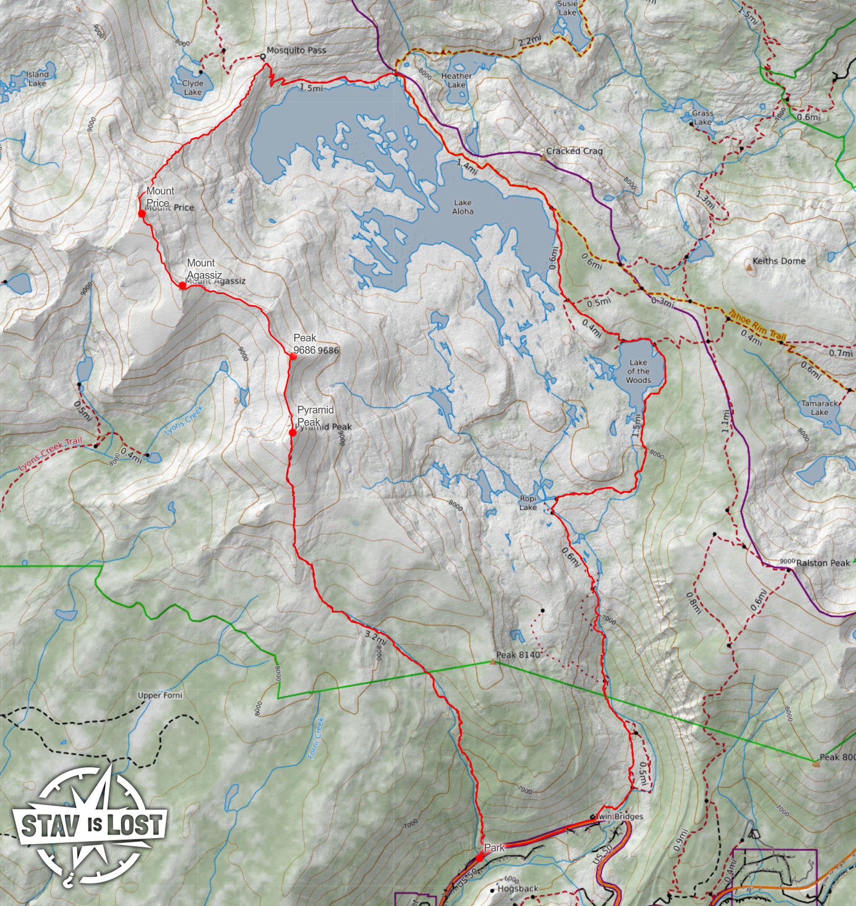 map for Pyramid Peak and Mount Price (Crystal Range Traverse) by Stav is Lost