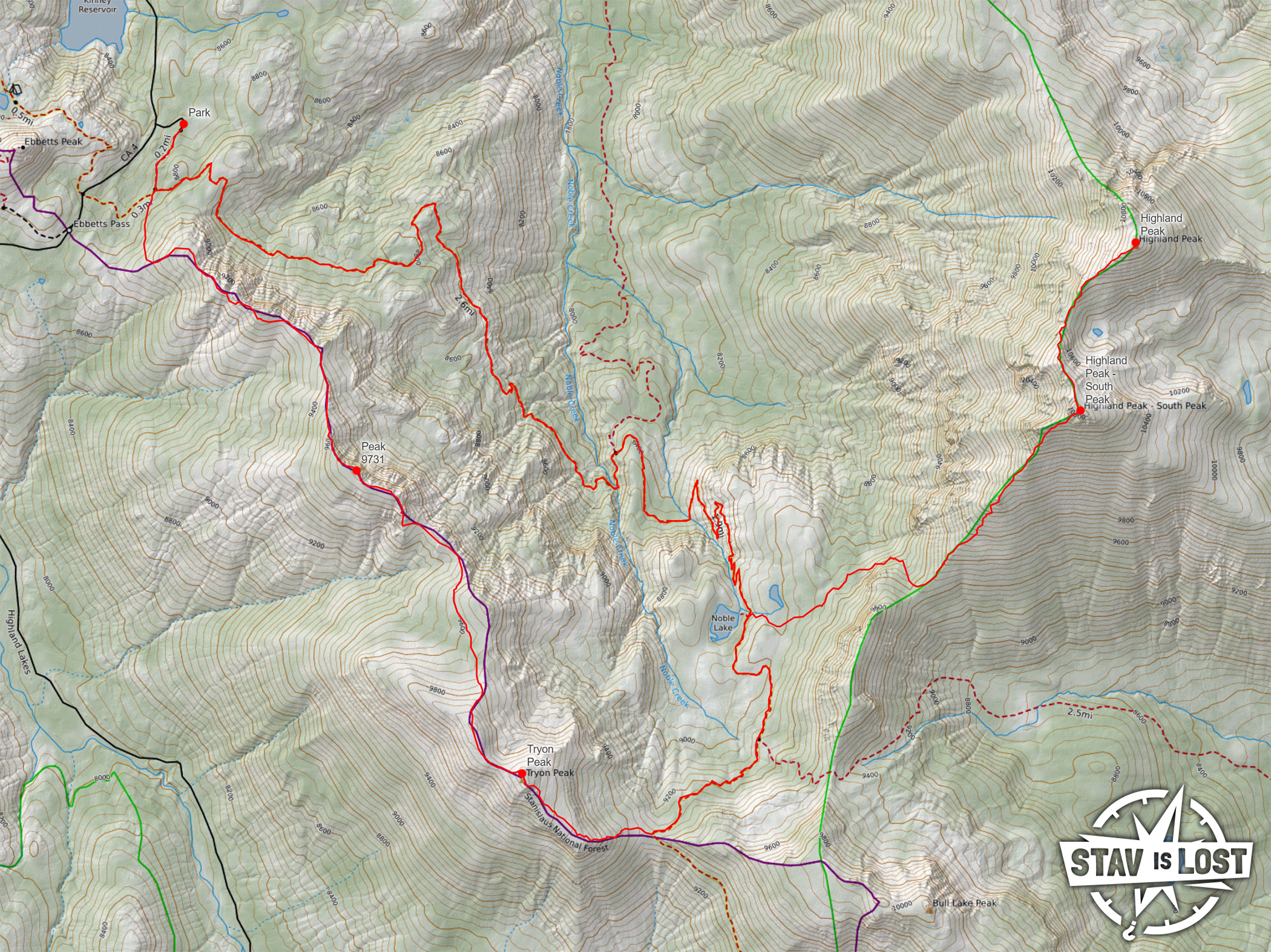 map for Highland Peak and Tryon Peak via Ebbetts Pass by Stav is Lost