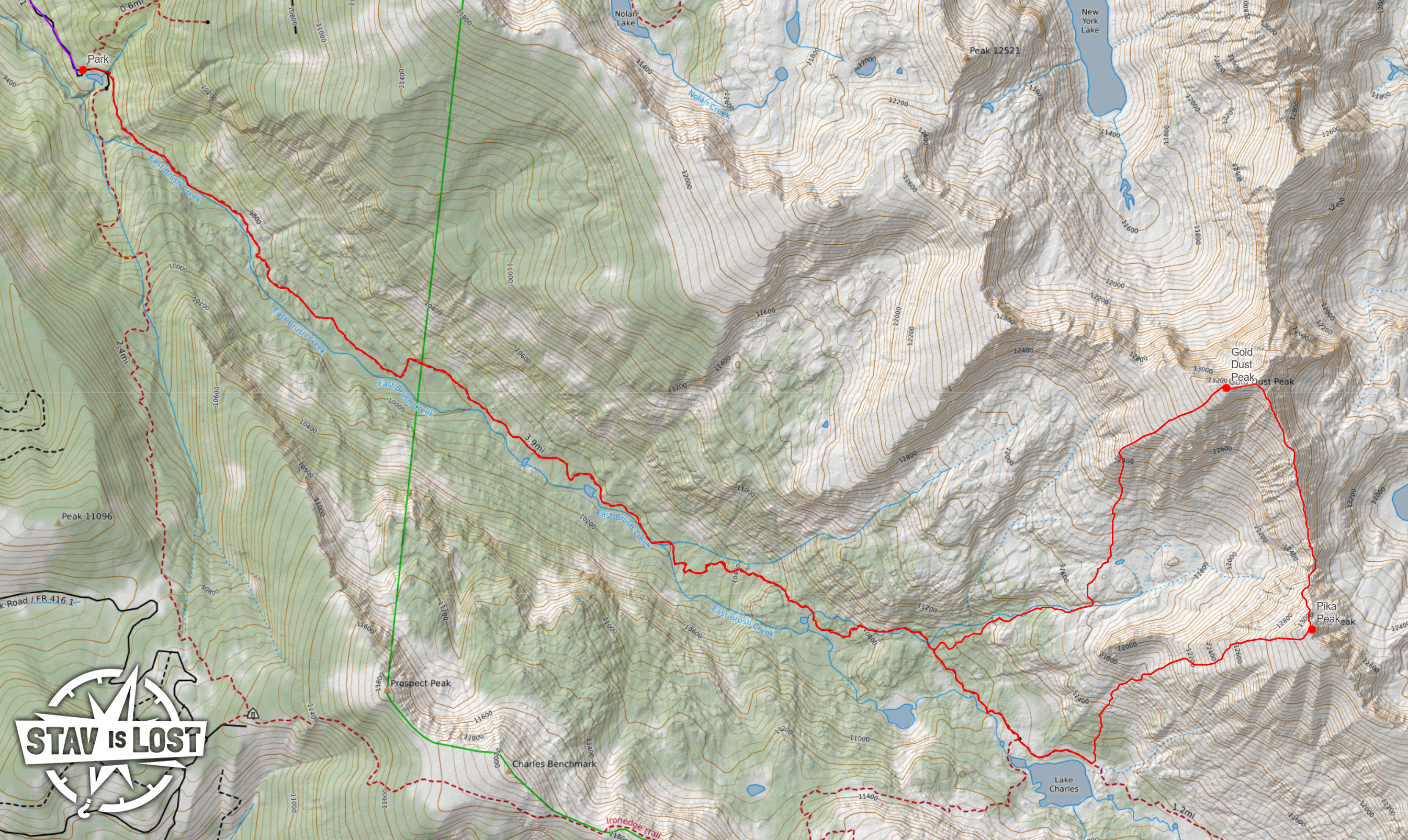 map for Gold Dust Peak and Pika Peak via Lake Charles Trail by Stav is Lost