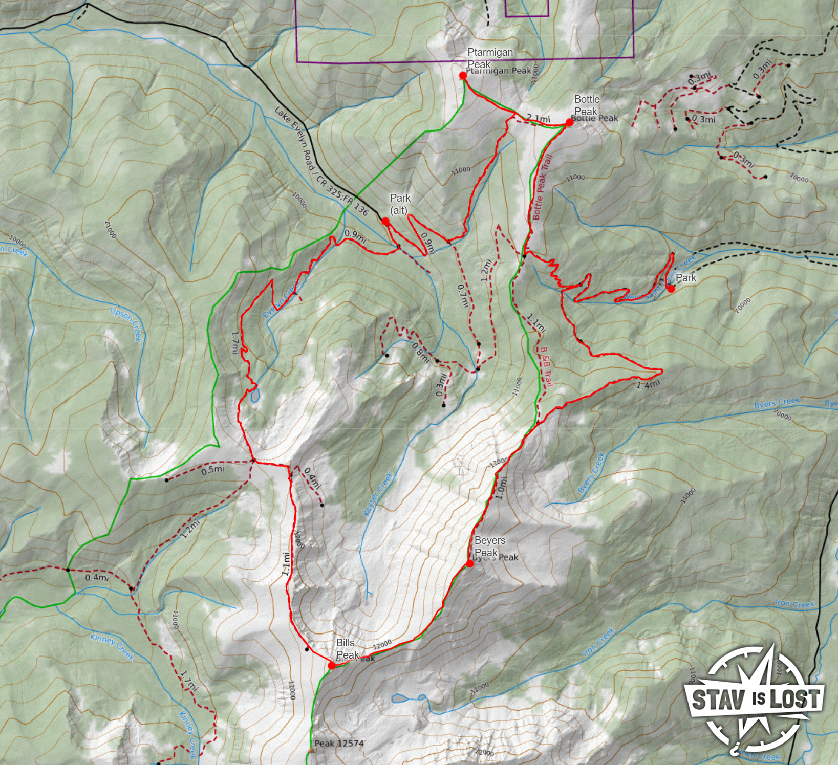 map for Byers Peak, Bills Peak, Ptarmigan Peak Loop by Stav is Lost