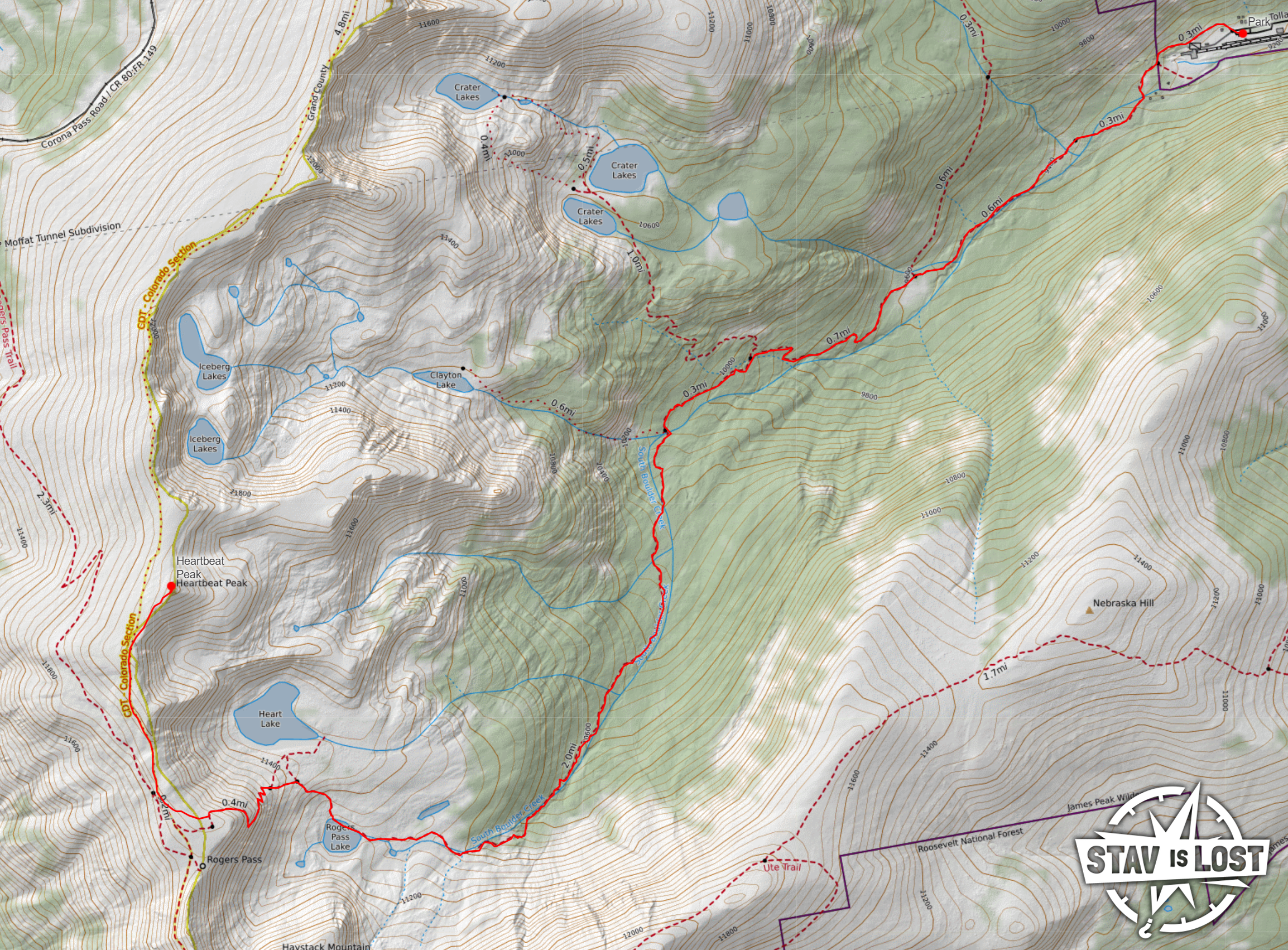 map for Heartbeat Peak via South Boulder Creek Trail by Stav is Lost