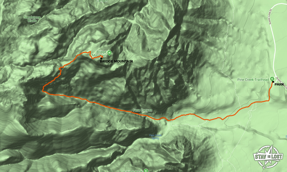 map for Bridge Mountain via Pine Creek Canyon by Stav is Lost