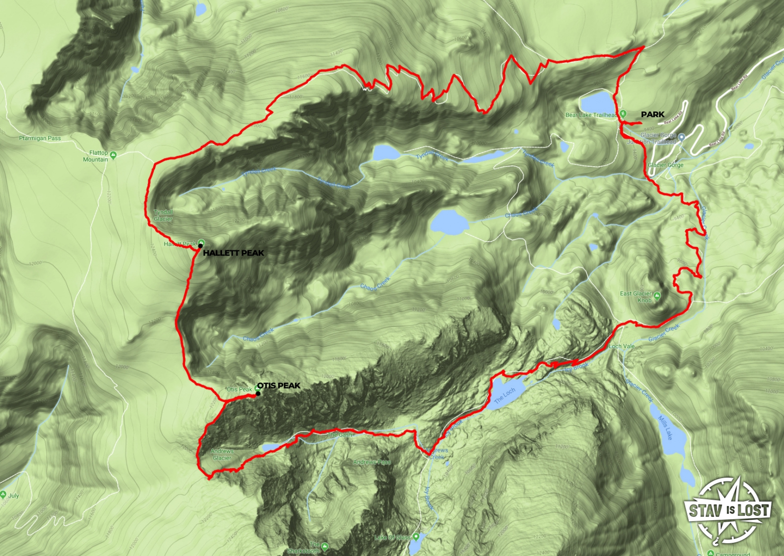 map for Hallett Peak and Otis Peak via Flattop Mountain and Andrews Glacier by Stav is Lost