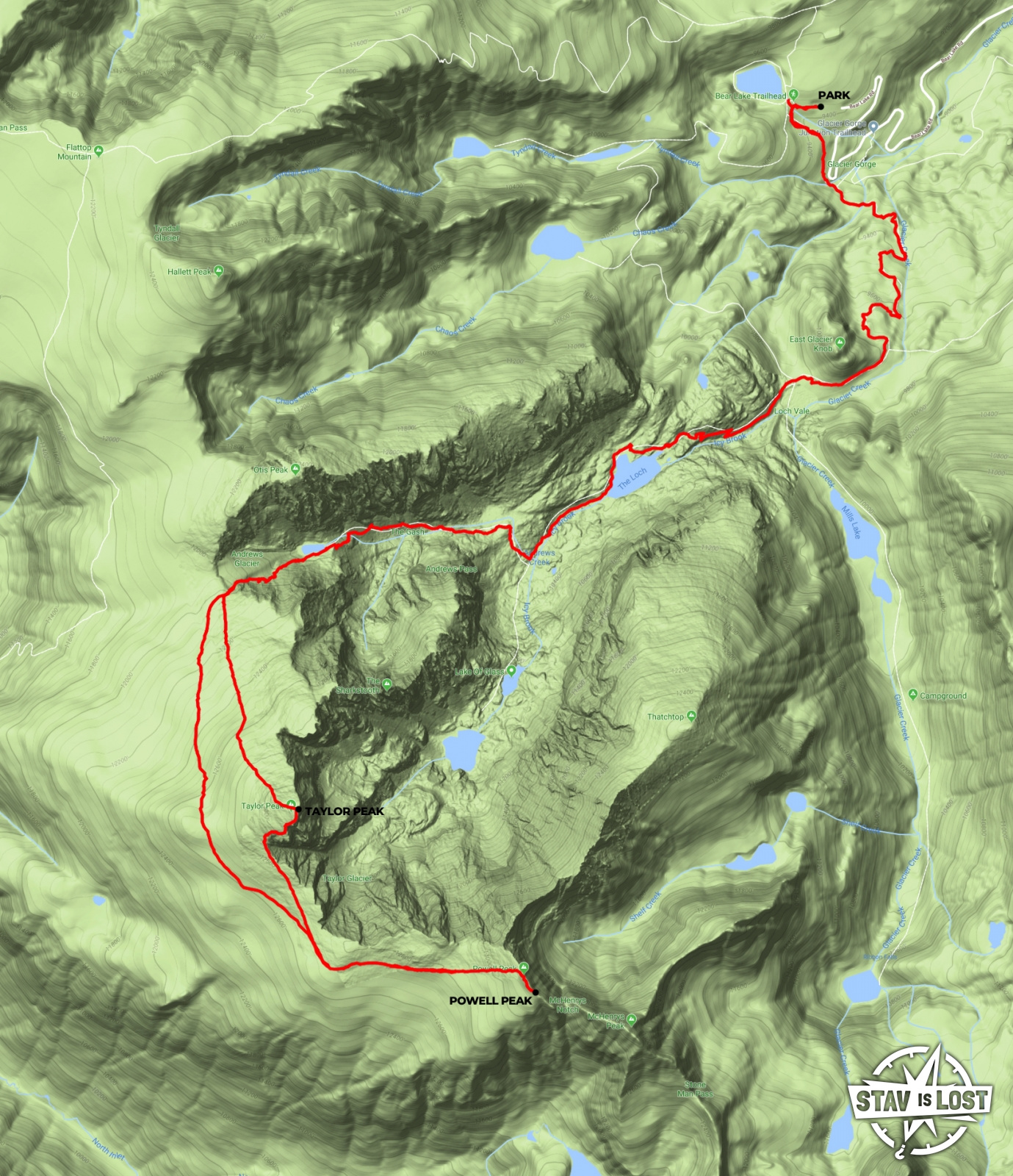 map for Taylor Peak and Powell Peak via Andrews Glacier by Stav is Lost