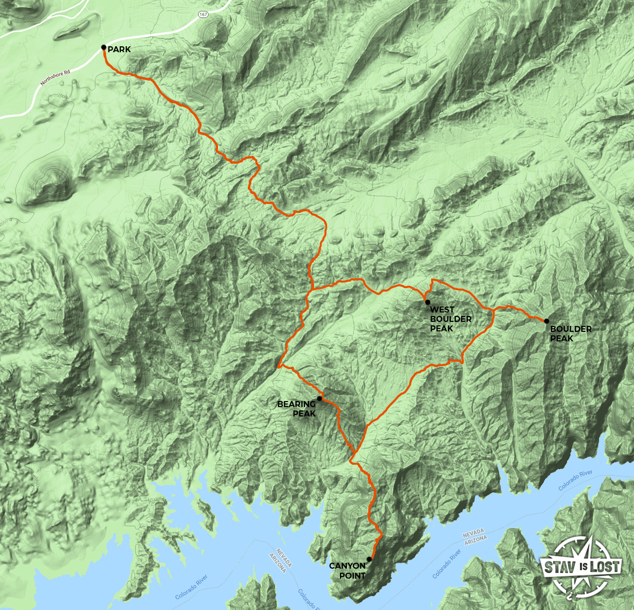 map for Bearing Peak, Canyon Point, Boulder Peak Loop by Stav is Lost
