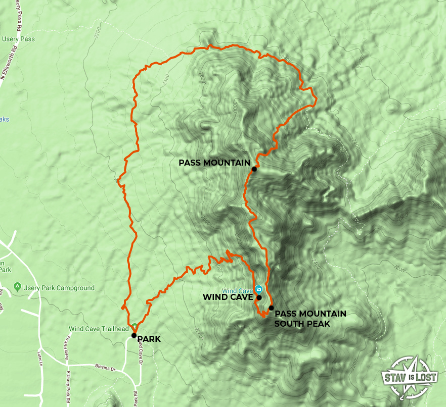 map for Wind Cave and Pass Mountain Loop by Stav is Lost