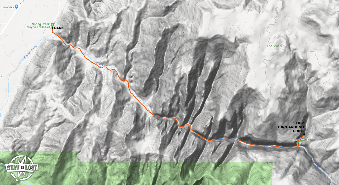 map for Spring Creek Canyon to Sweetwater Gulch by Stav is Lost