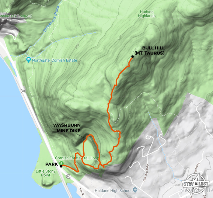 map for Bull Hill (Mount Taurus) via Washburn Mine Dike by Stav is Lost
