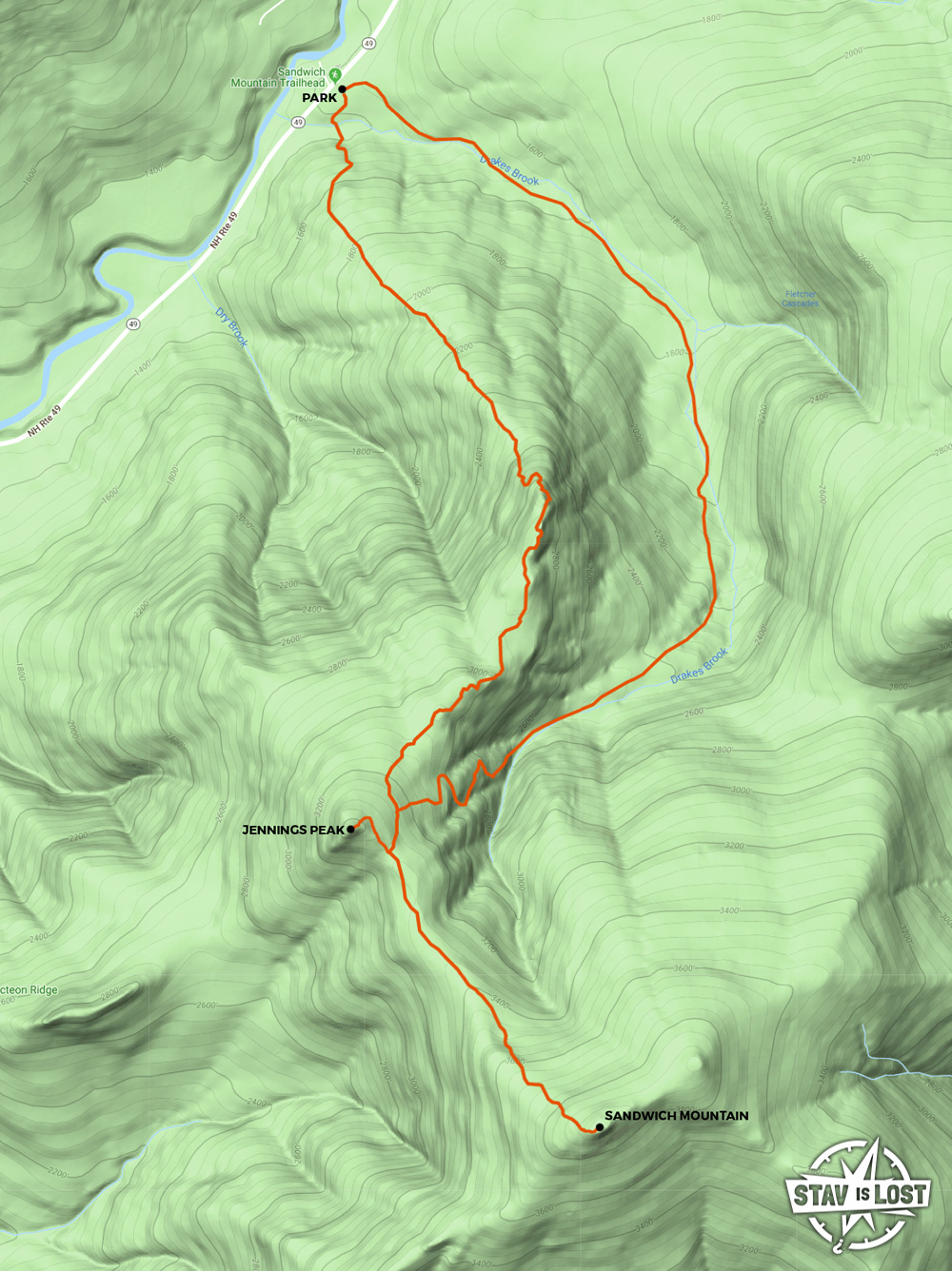 map for Jennings Peak, Sandwich Mountain, Drakes Brook Loop by Stav is Lost