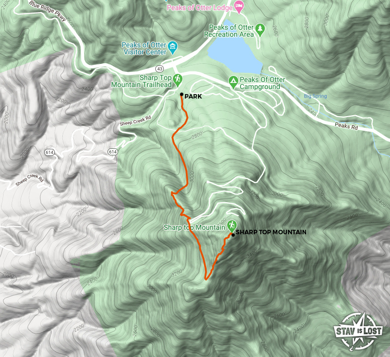 Hiking Map for Sharp Top Mountain