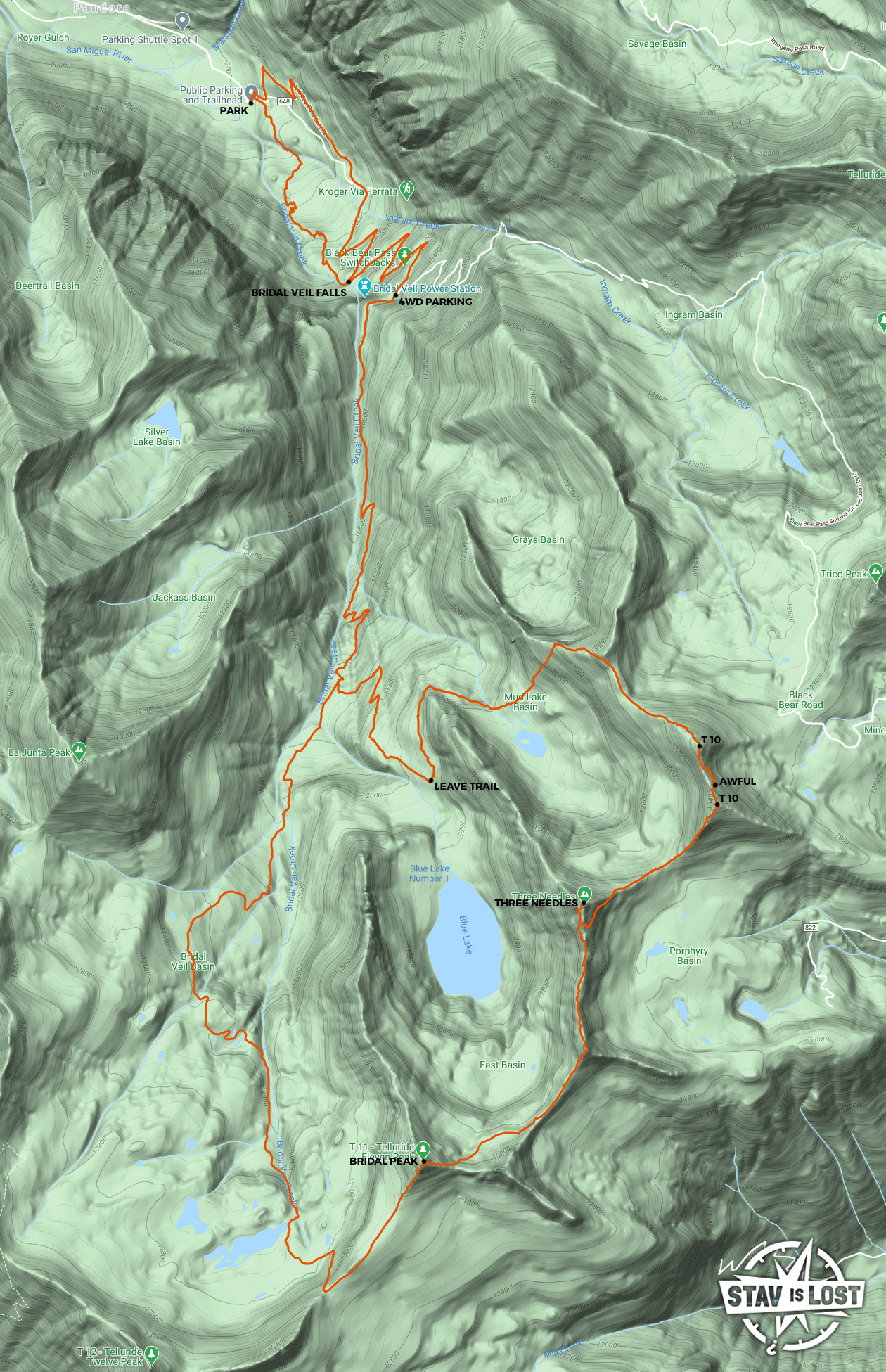 map for T10, Three Needles, Bridal Peak via Bridal Veil Basin by Stav is Lost