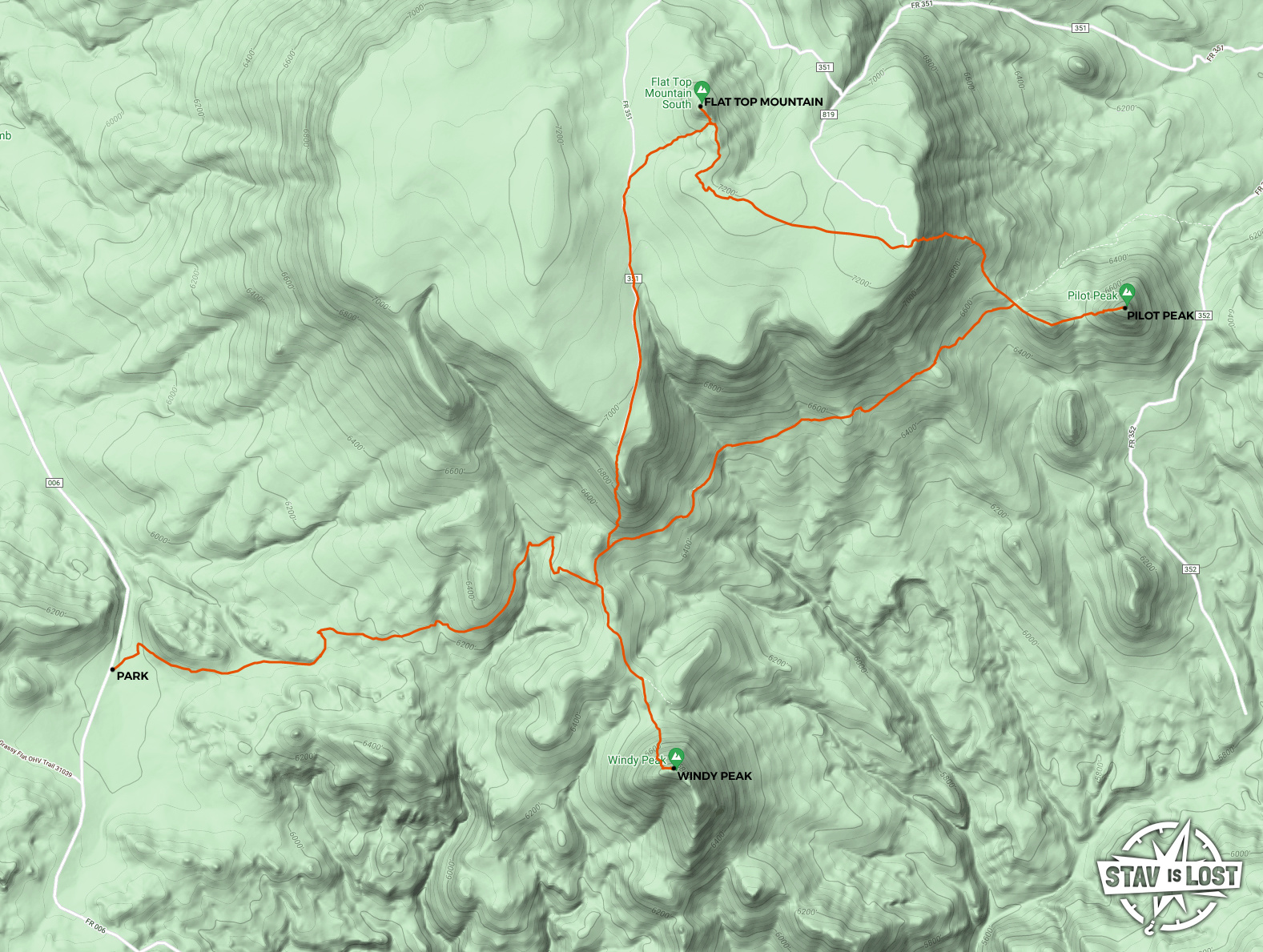 map for Windy Peak, Pilot Peak, Flat Top Mountain by Stav is Lost