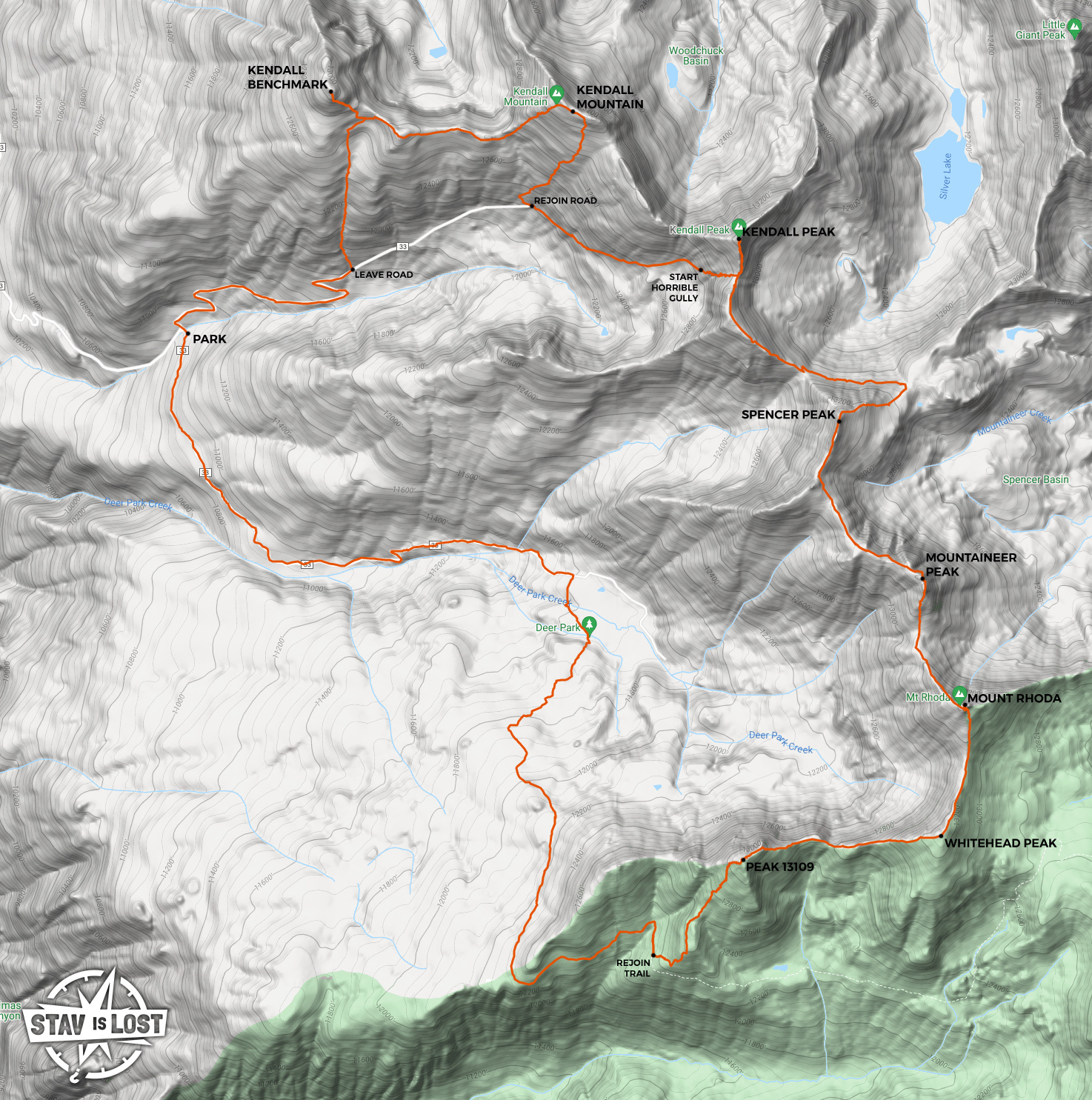map for Kendall Mountain, Mountaineer Peak, Mount Rhoda Loop by Stav is Lost