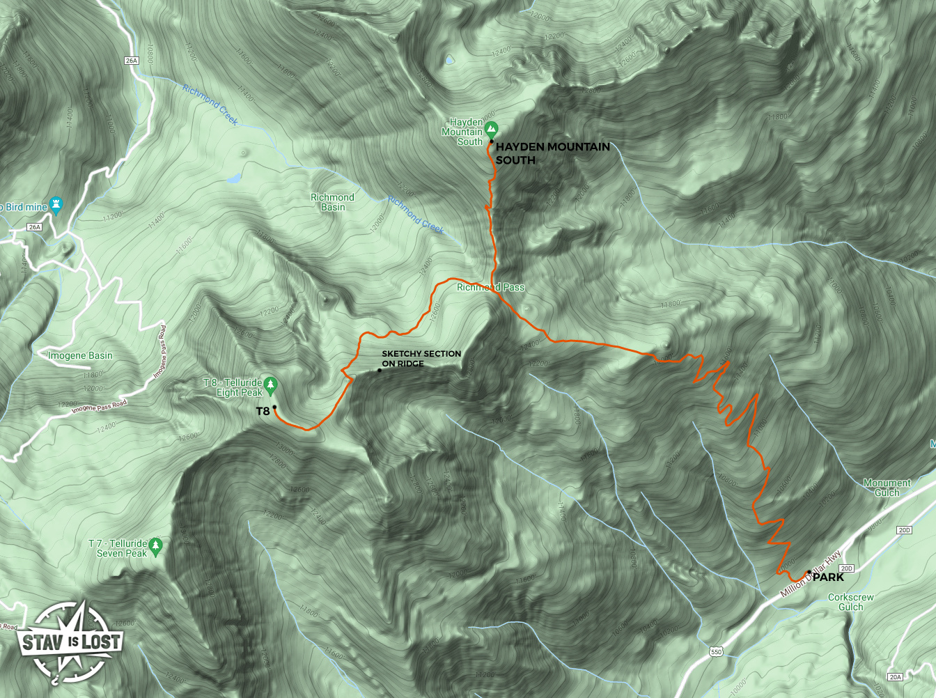 map for T8 and Hayden Mountain South via Richmond Pass Trail by Stav is Lost