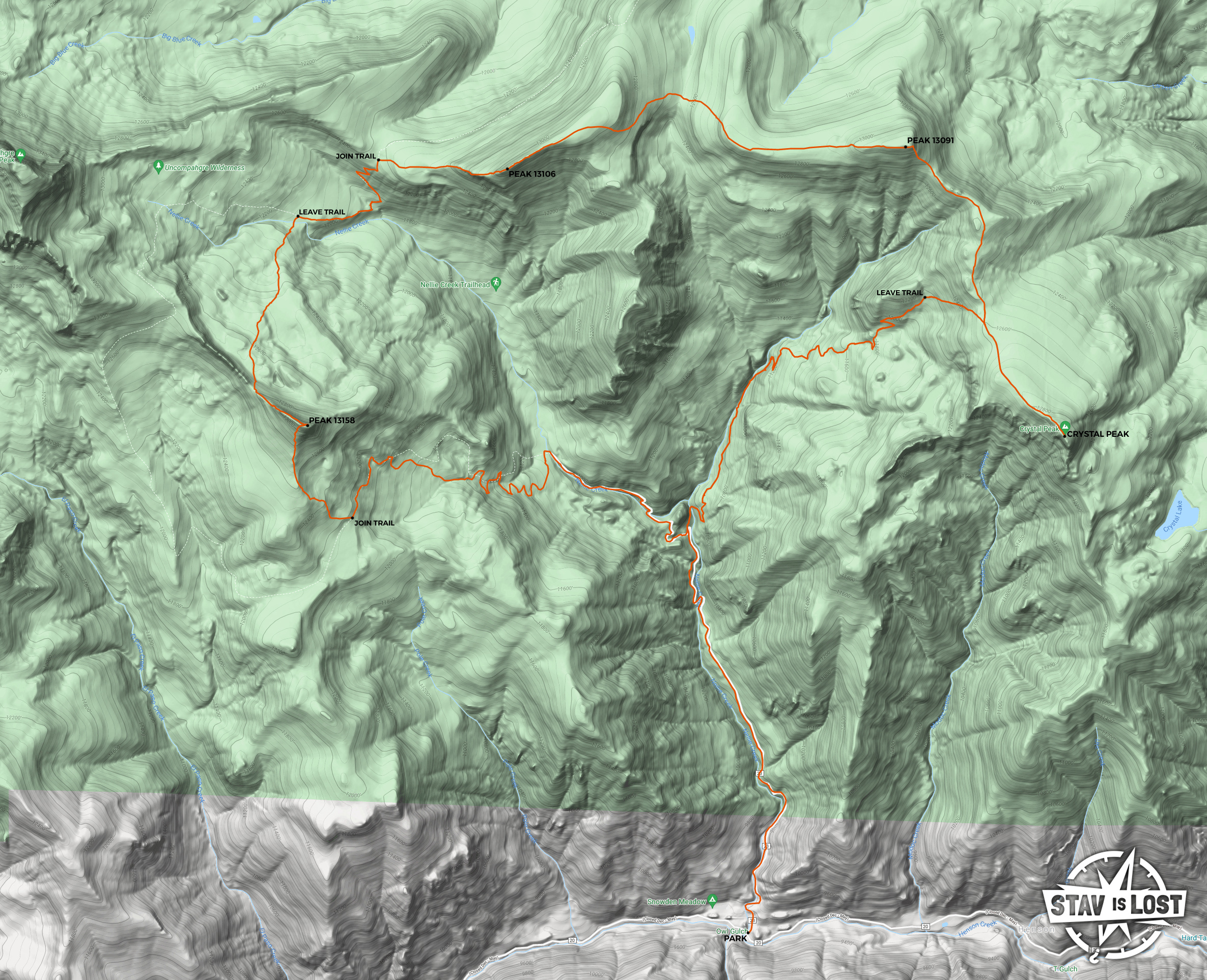 map for Crystal Peak and Nellie Creek 13ers Loop by Stav is Lost