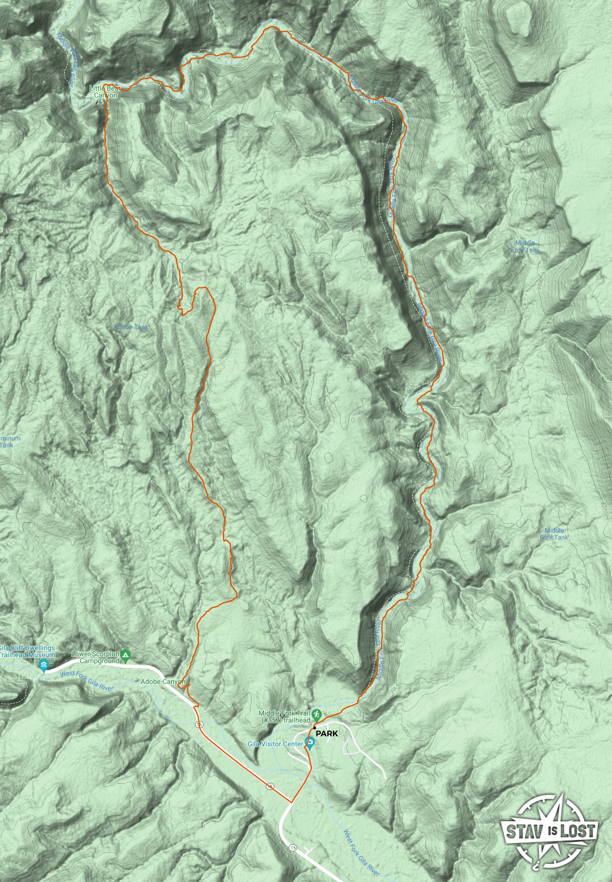 map for Middle Fork of Gila River and Little Bear Canyon Loop by Stav is Lost