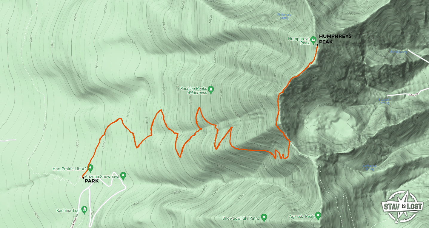 Hiking Map For Humphreys Peak From Arizona Snowbowl