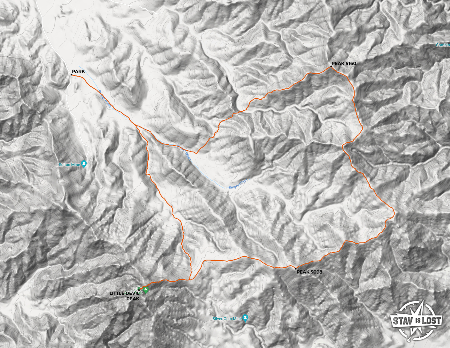 map for Little Devil Peak and Singer Wash Peaks Loop by Stav is Lost