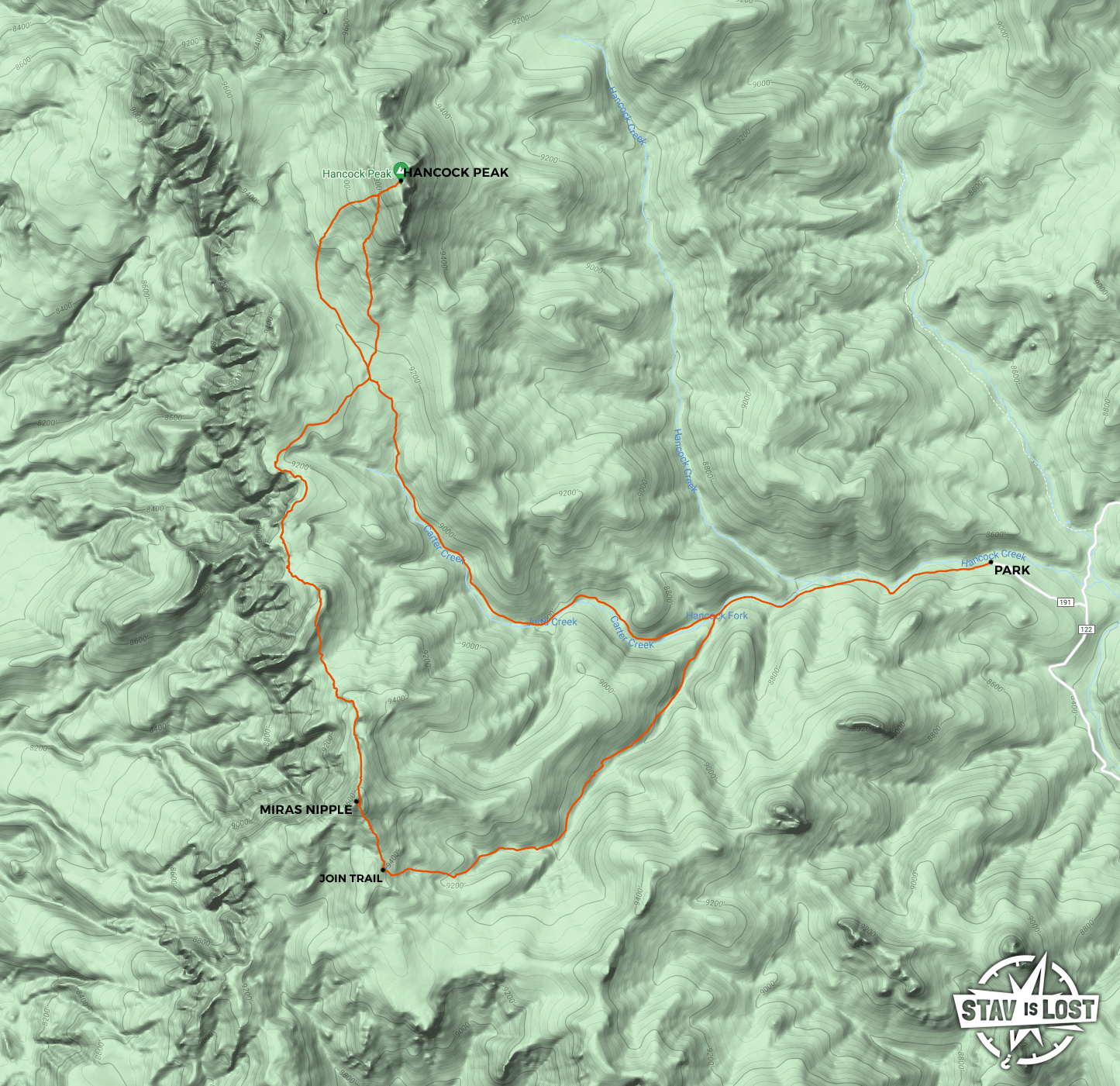 map for Hancock Peak and Miras Nipple Loop by Stav is Lost