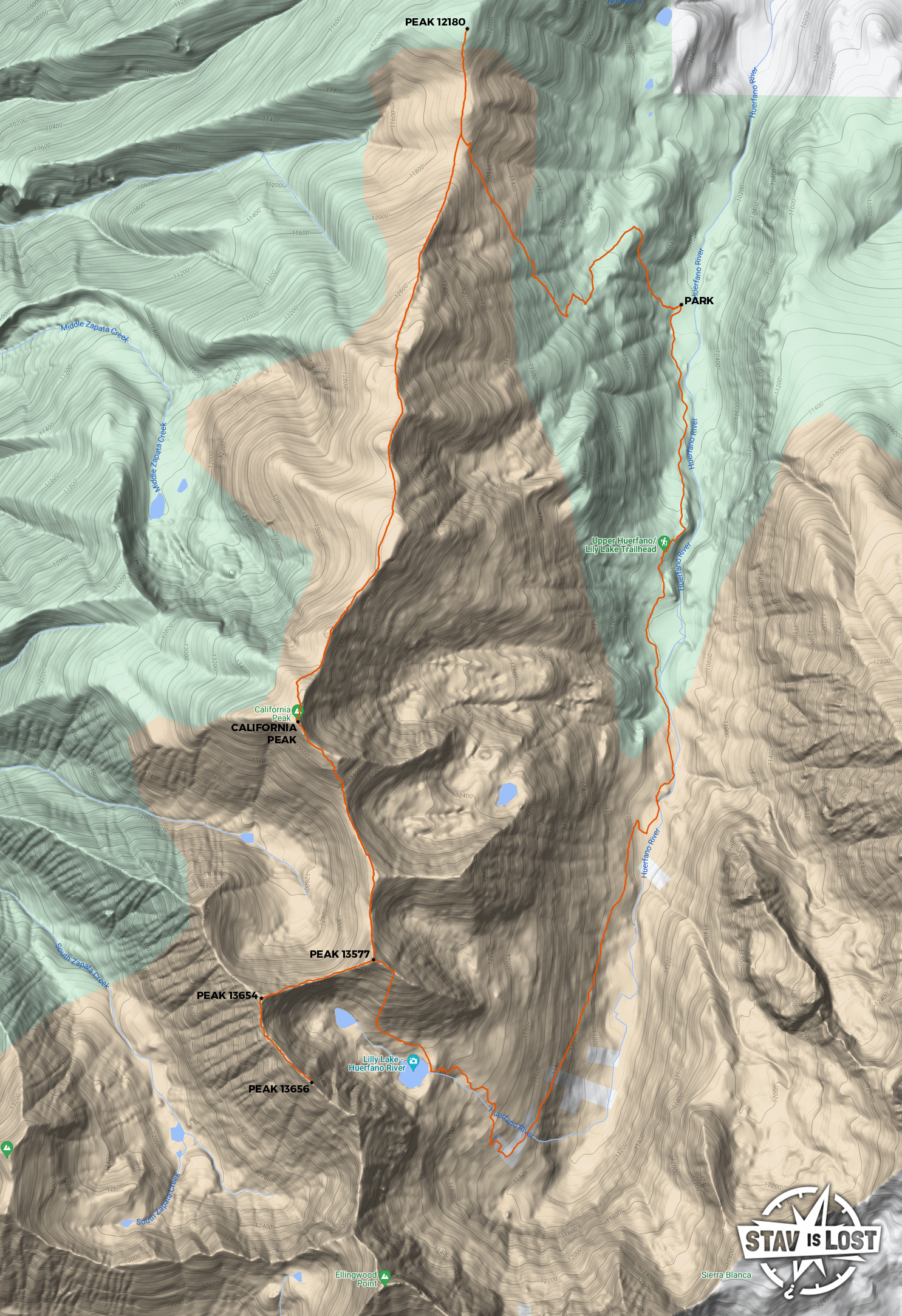 map for California Peak and Lilly Lake 13ers Loop by Stav is Lost