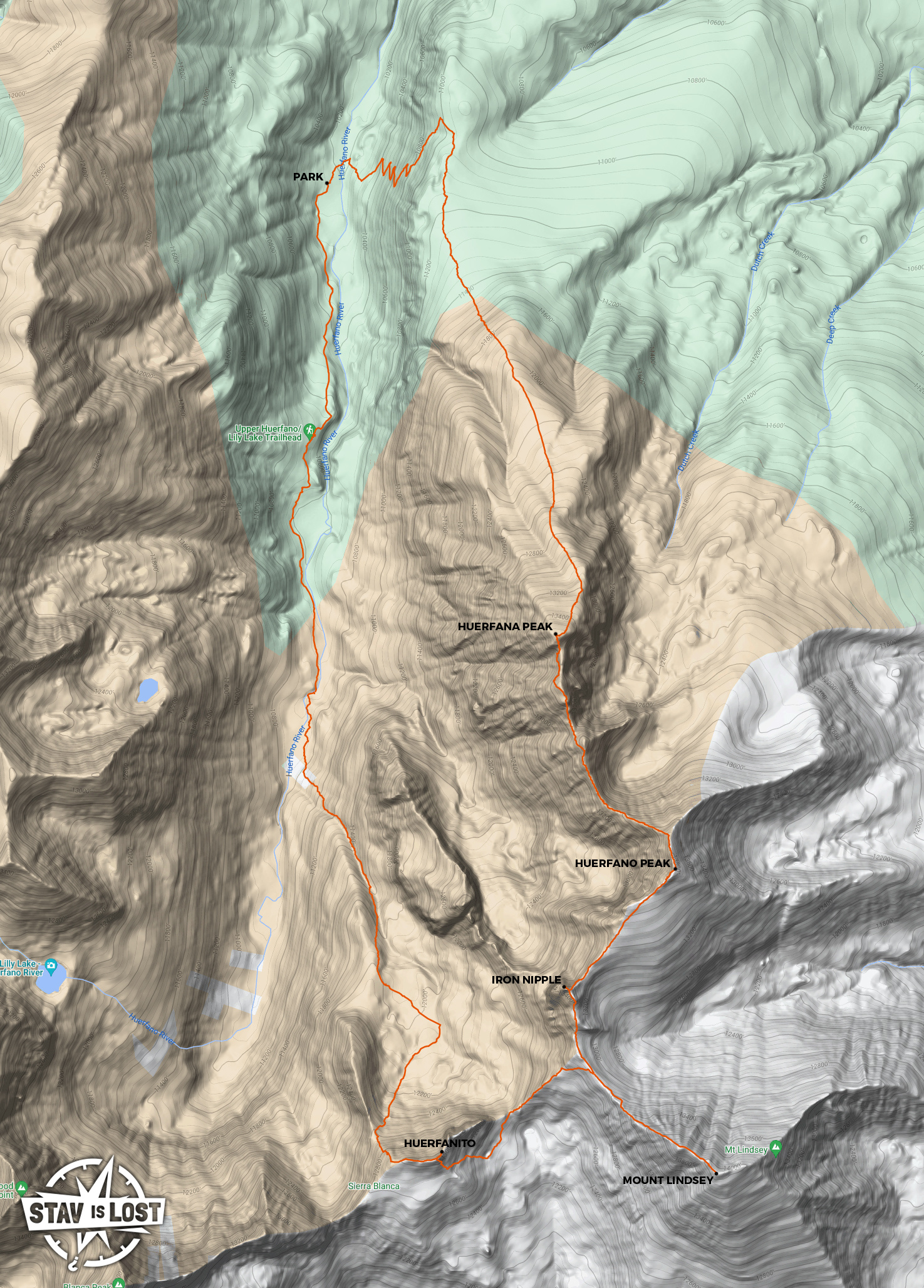 map for Mount Lindsey and Huerfano Peaks Loop by Stav is Lost