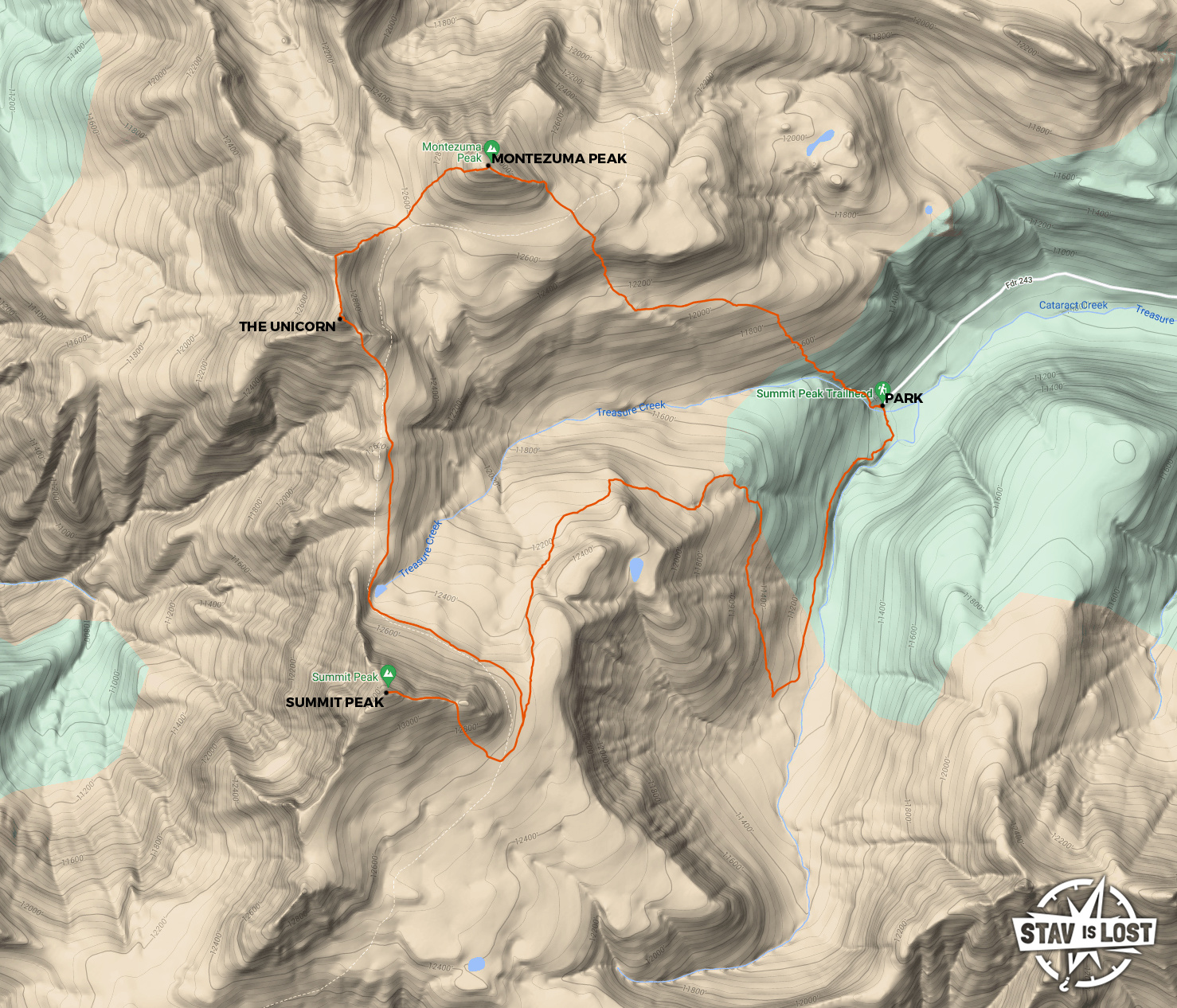 map for Summit Peak, The Unicorn, Montezuma Peak Loop by Stav is Lost