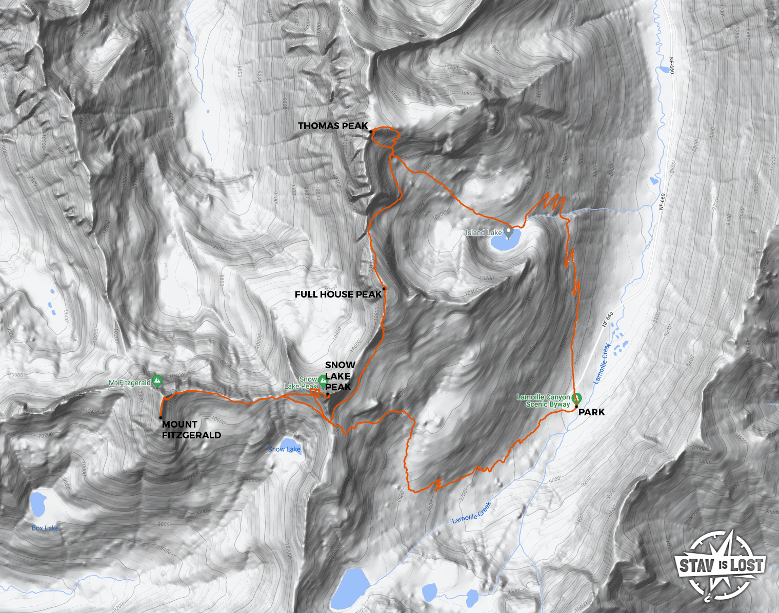map for Thomas Peak, Full House Peak, Snow Lake Peak, Mount Fitzgerald by Stav is Lost