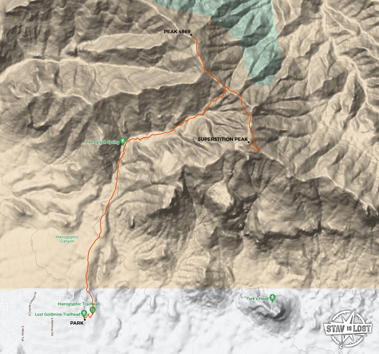 map for Superstition Peak via Hieroglyphic Trail by Stav is Lost