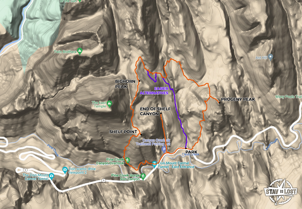 map for Shelf Canyon, Bighorn Peak, Progeny Peak Loop by Stav is Lost